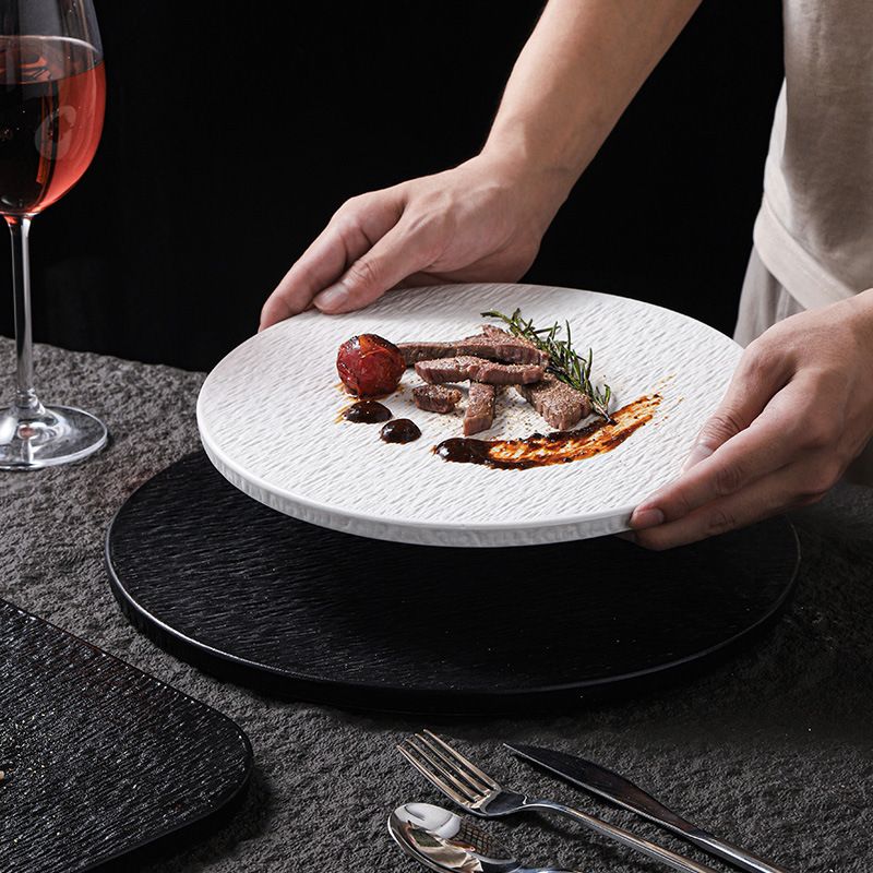 Minimalist Stone-Texture Matte Black Flat Steak Plate