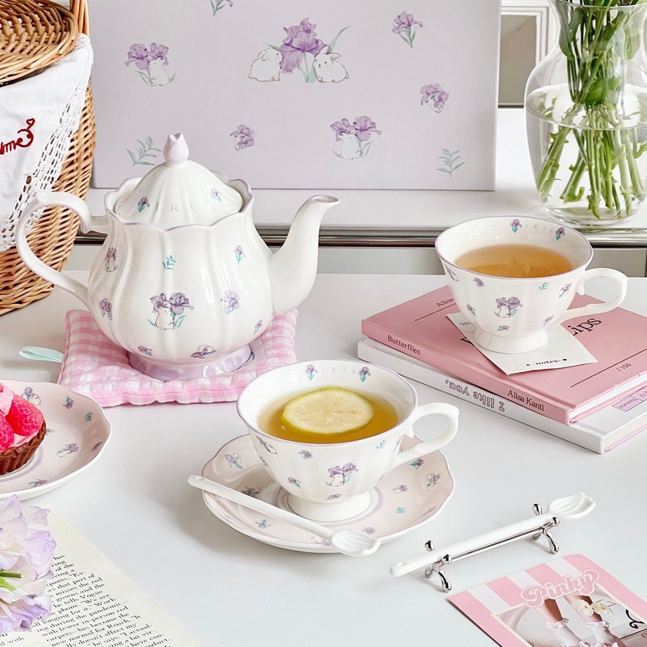 Lovely Drinkware Gifts - Purple Iris Coffee Cup Saucer & Teapot Set