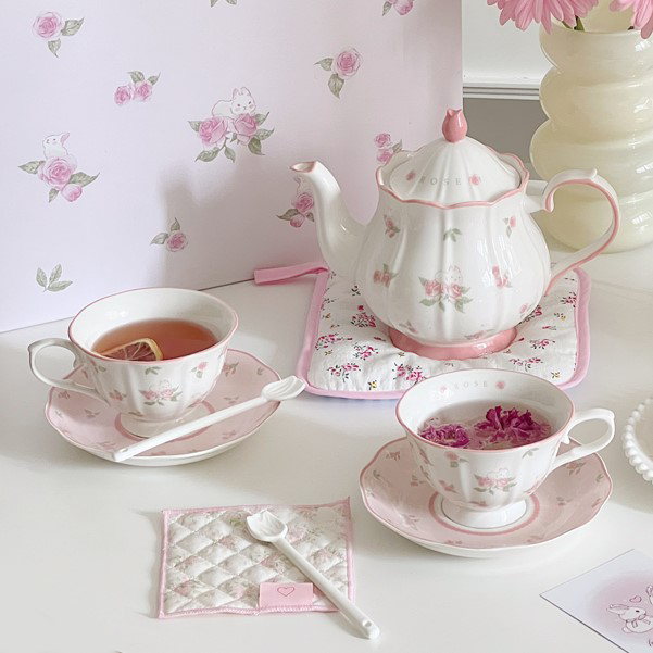 Lovely Drinkware Gifts - Rose Coffee Cup Saucer & Teapot Set