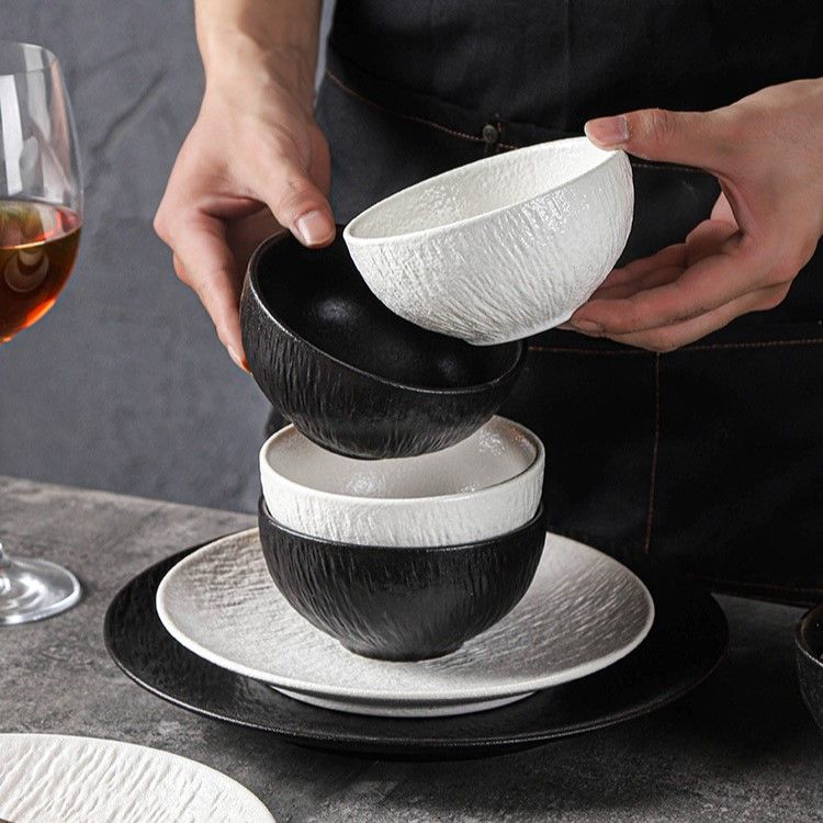 Premium Stone-Textured Matte Black Tableware Set