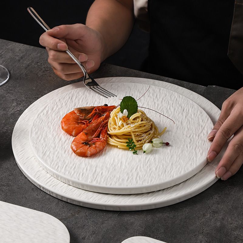 Minimalist Stone-Texture Matte White Flat Steak Plate