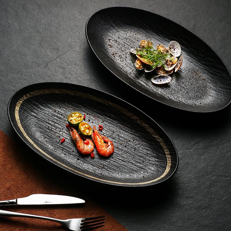 Black Matte Stone-Texture Oval Fish Plate