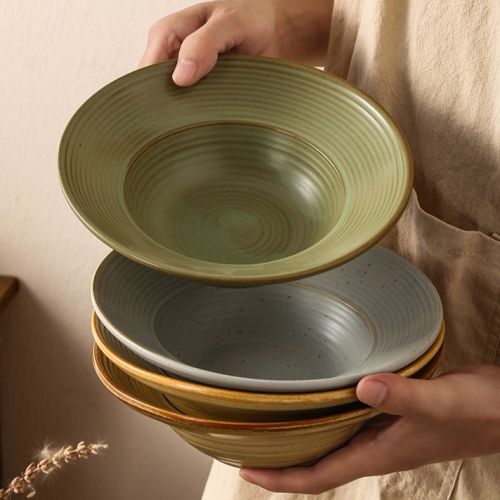 Reactive Glaze Ribbed Wide-Rim Salad Pasta Bowl