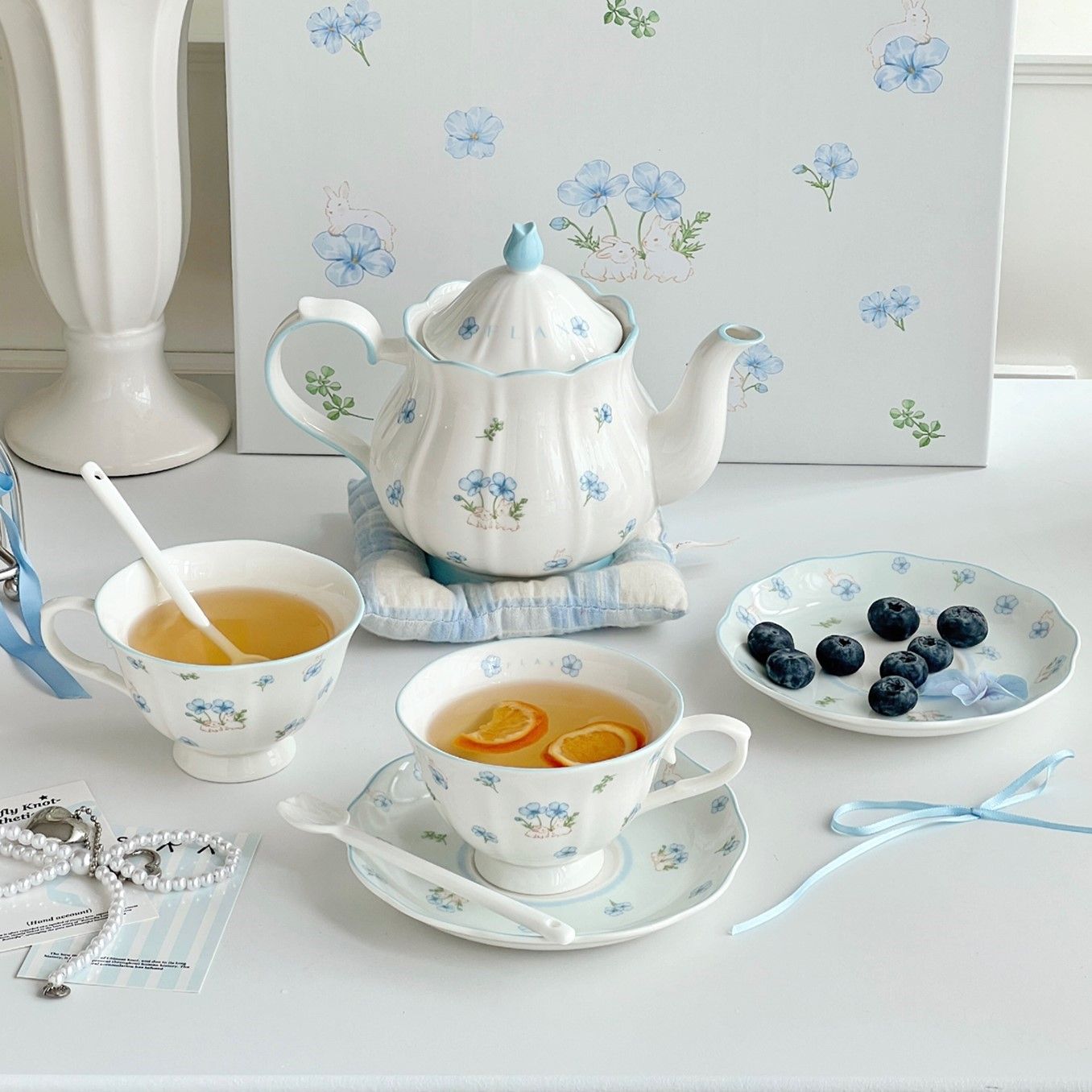 Lovely Drinkware Gifts - Blue Balloon Flower Coffee Cup Saucer & Teapot Set