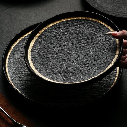 Black Matte Stone-Texture Steak Round Plate