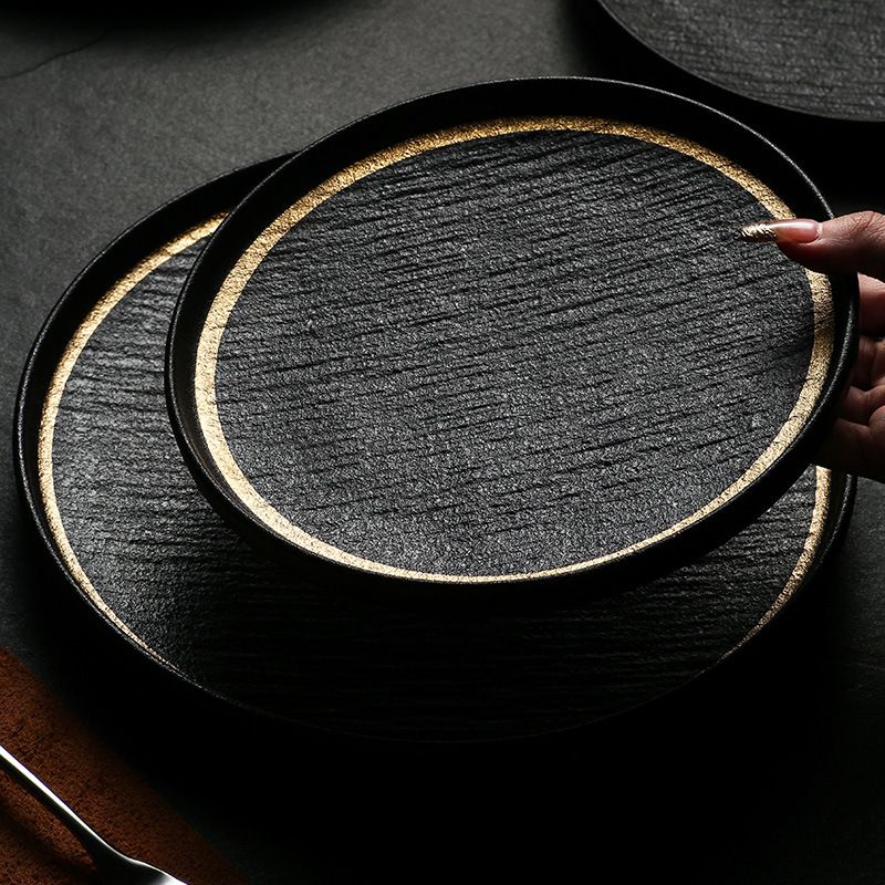 Black Matte Stone-Texture Steak Round Plate
