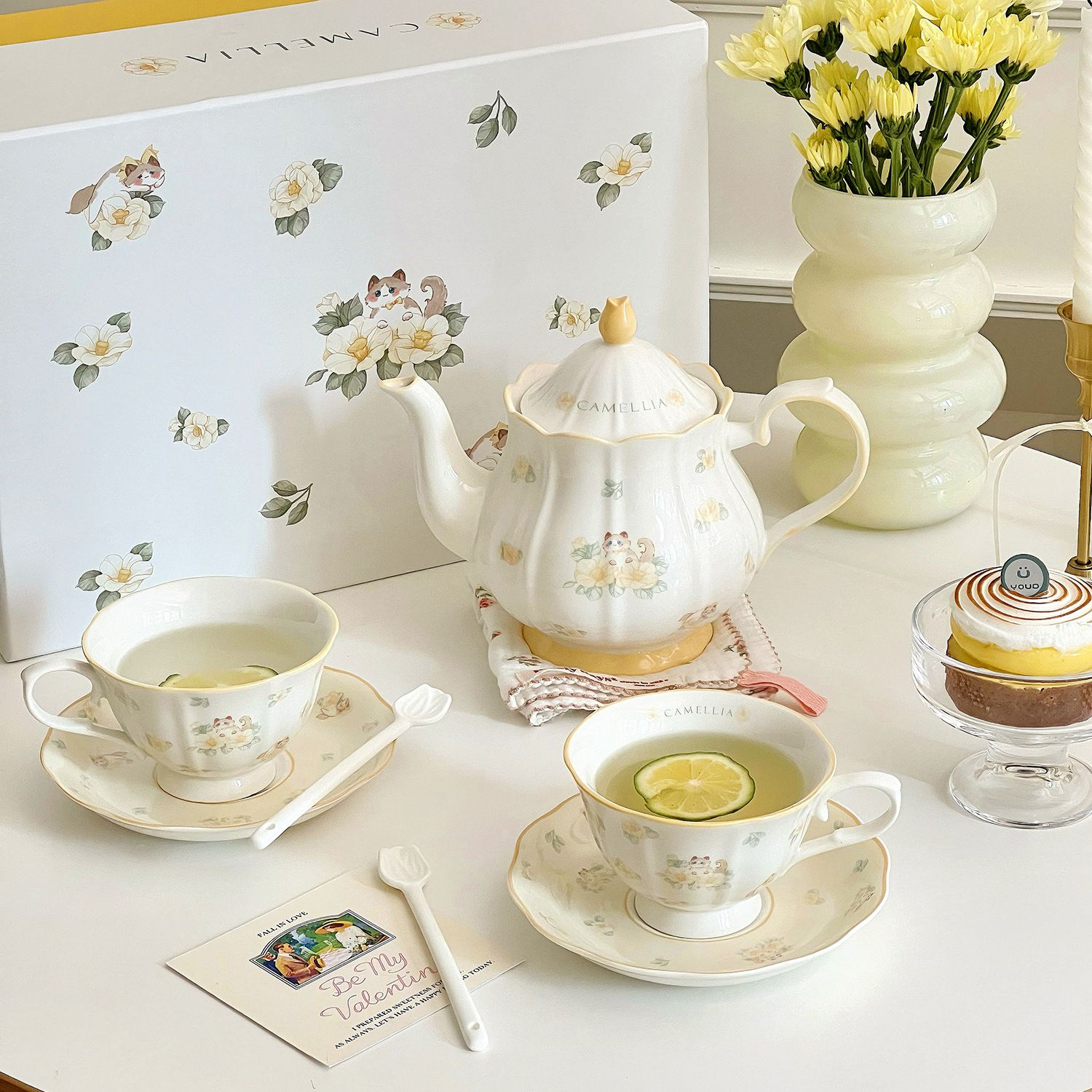 Lovely Drinkware Gifts - Camellia Coffee Cup Saucer & Teapot Set